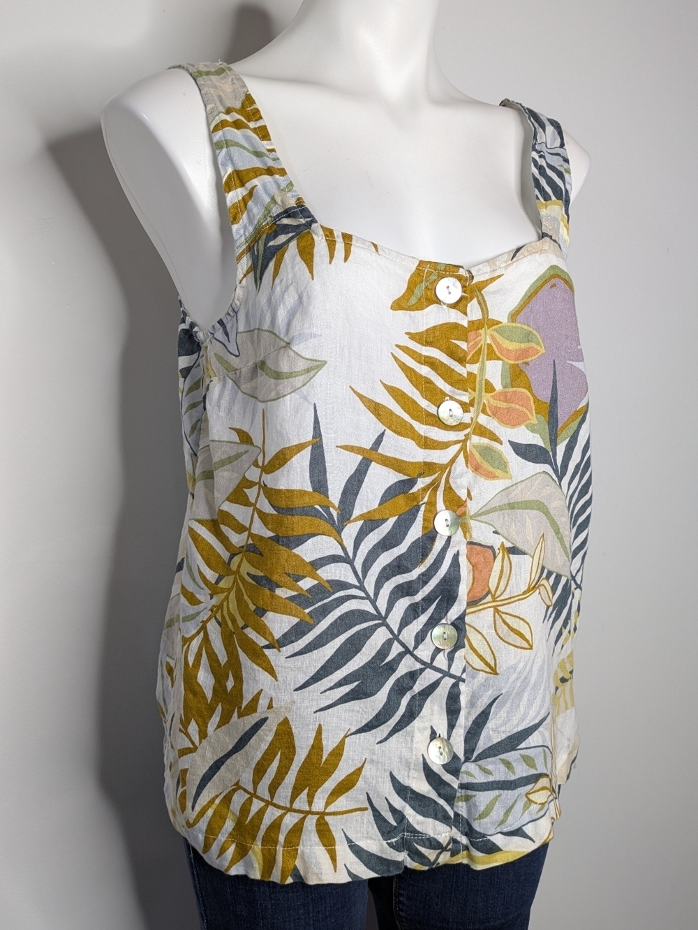 C&C California White Yellow Blue Tropical Square Neck Linen Button Up Tank Top M - Picture 4 of 8